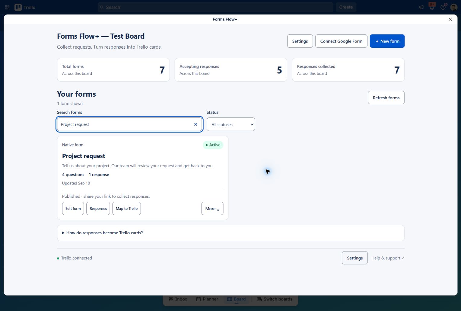 Actual Forms Flow+ modal showing the New form button and the Project request form’s Edit form, Responses, Map to Trello, and More actions.