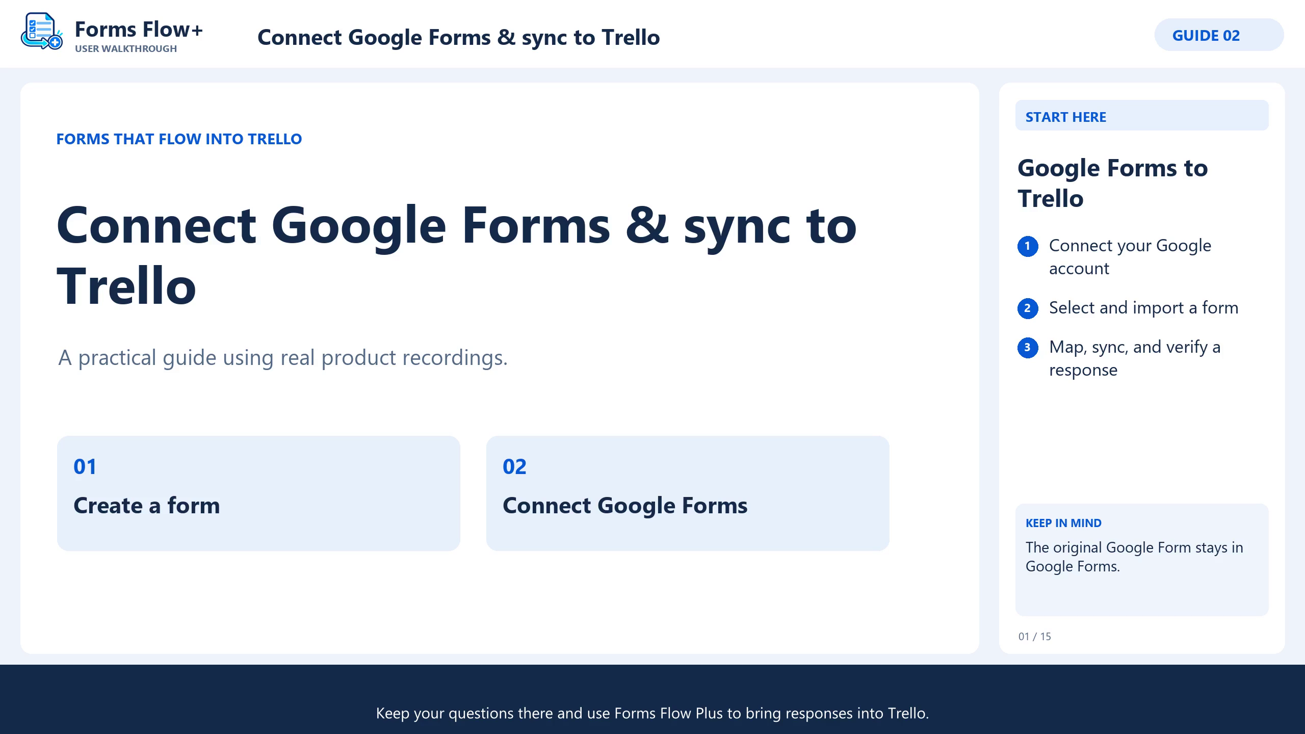Forms Flow+ walkthrough: connect Google Forms and sync to Trello.